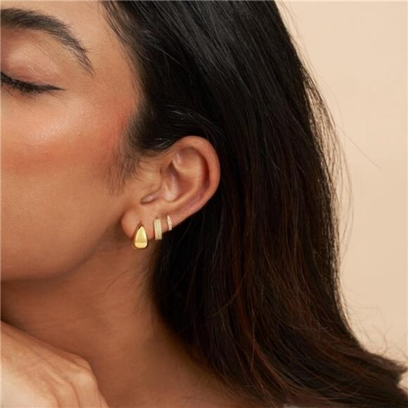 Gold Hoop Earrings Set 14K Plated Small Chunky Lightweight Huggie Jewelry - Picture 4 of 7